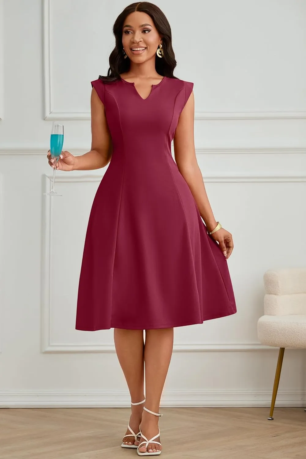 Nmoder Midi Dresses for Women Casual Elegant Fit and Flare Dress Sleevelesss A Line V Neck Church Wedding Guest Dress