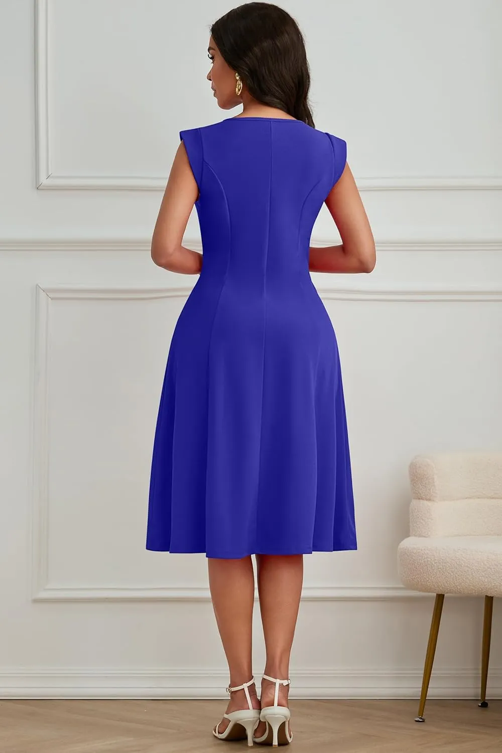 Nmoder Midi Dresses for Women Casual Elegant Fit and Flare Dress Sleevelesss A Line V Neck Church Wedding Guest Dress