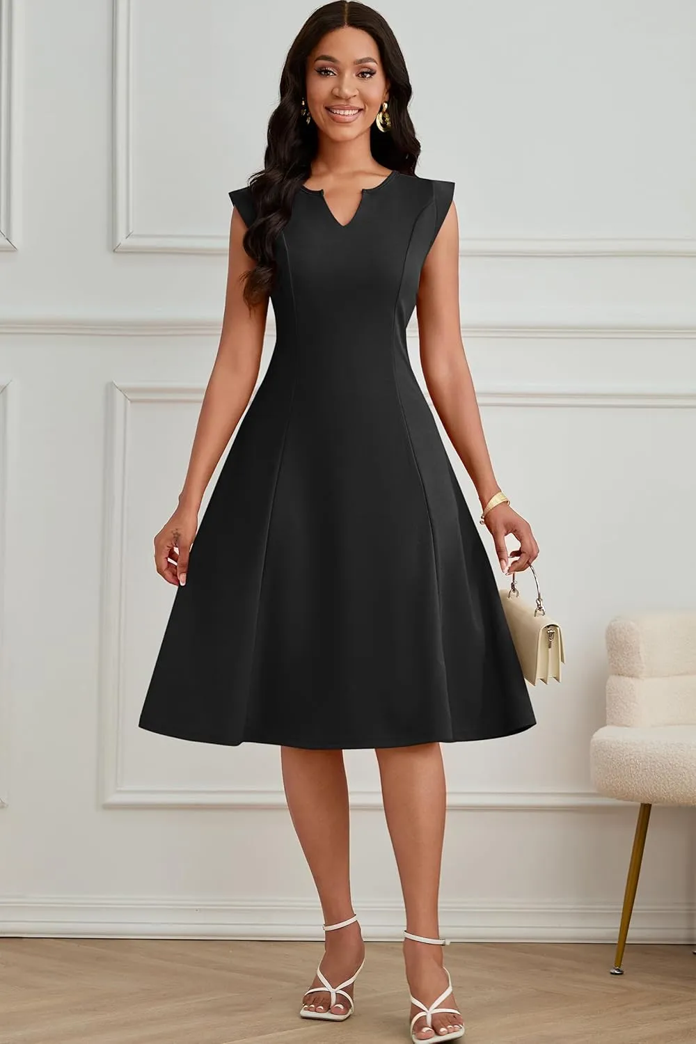 Nmoder Midi Dresses for Women Casual Elegant Fit and Flare Dress Sleevelesss A Line V Neck Church Wedding Guest Dress