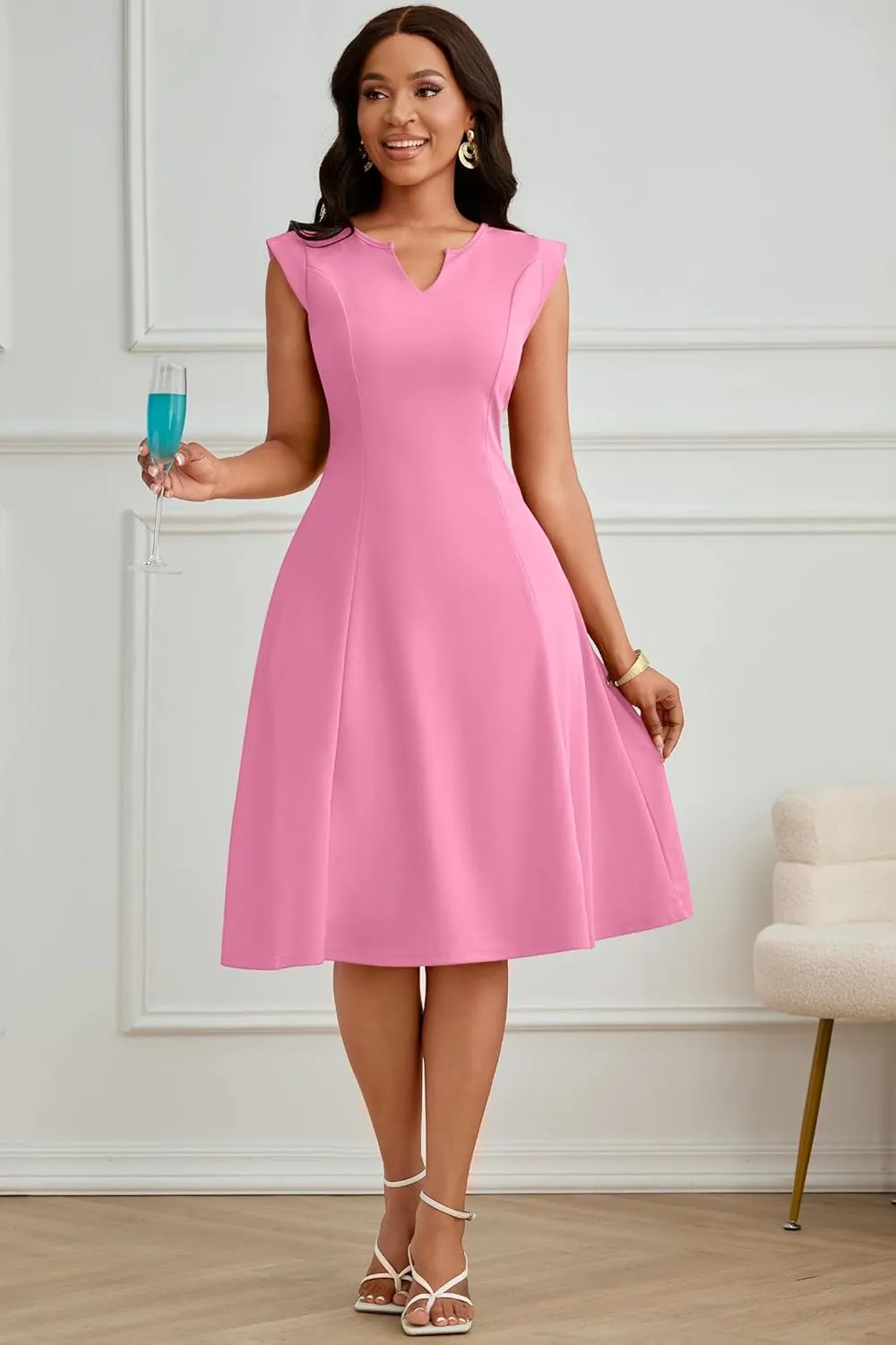 Nmoder Midi Dresses for Women Casual Elegant Fit and Flare Dress Sleevelesss A Line V Neck Church Wedding Guest Dress