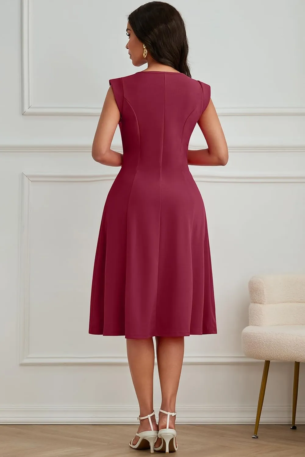 Nmoder Midi Dresses for Women Casual Elegant Fit and Flare Dress Sleevelesss A Line V Neck Church Wedding Guest Dress