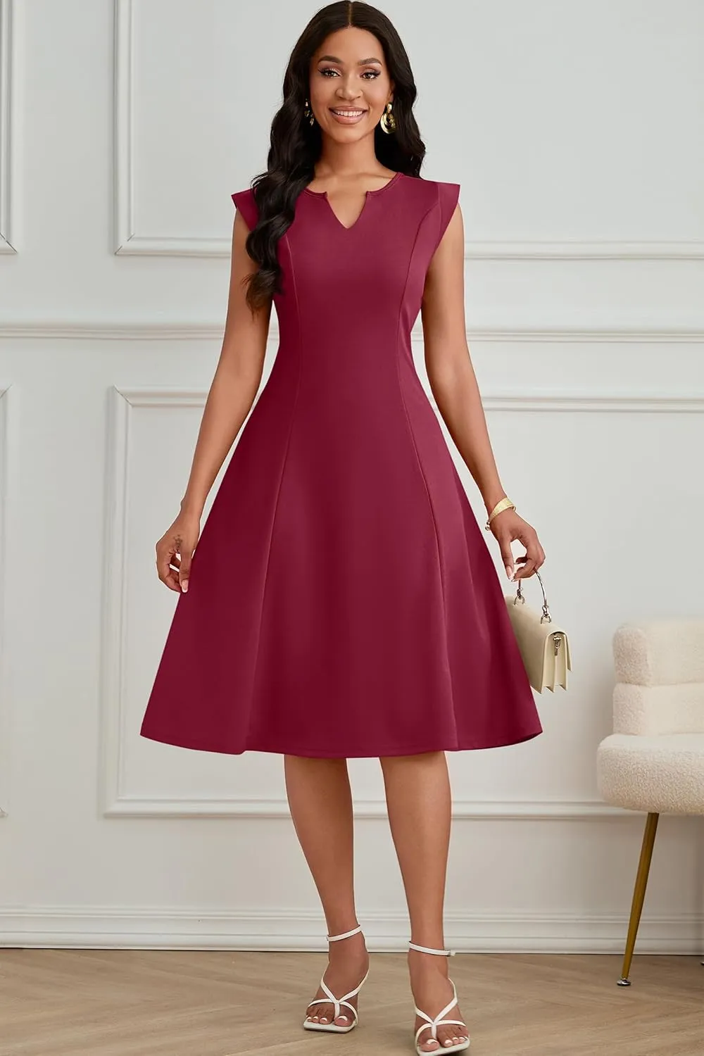 Nmoder Midi Dresses for Women Casual Elegant Fit and Flare Dress Sleevelesss A Line V Neck Church Wedding Guest Dress