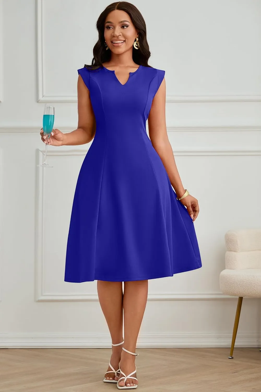 Nmoder Midi Dresses for Women Casual Elegant Fit and Flare Dress Sleevelesss A Line V Neck Church Wedding Guest Dress