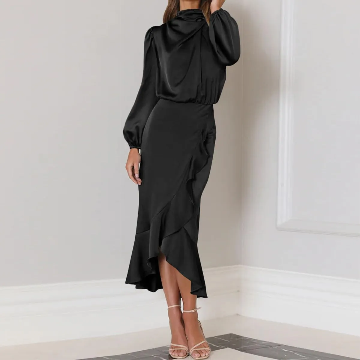 ODIZLI Women Mock Neck Satin Dresses Cocktail Dress Elegant Long Sleeve Ruffle Wrap Fall Dresses