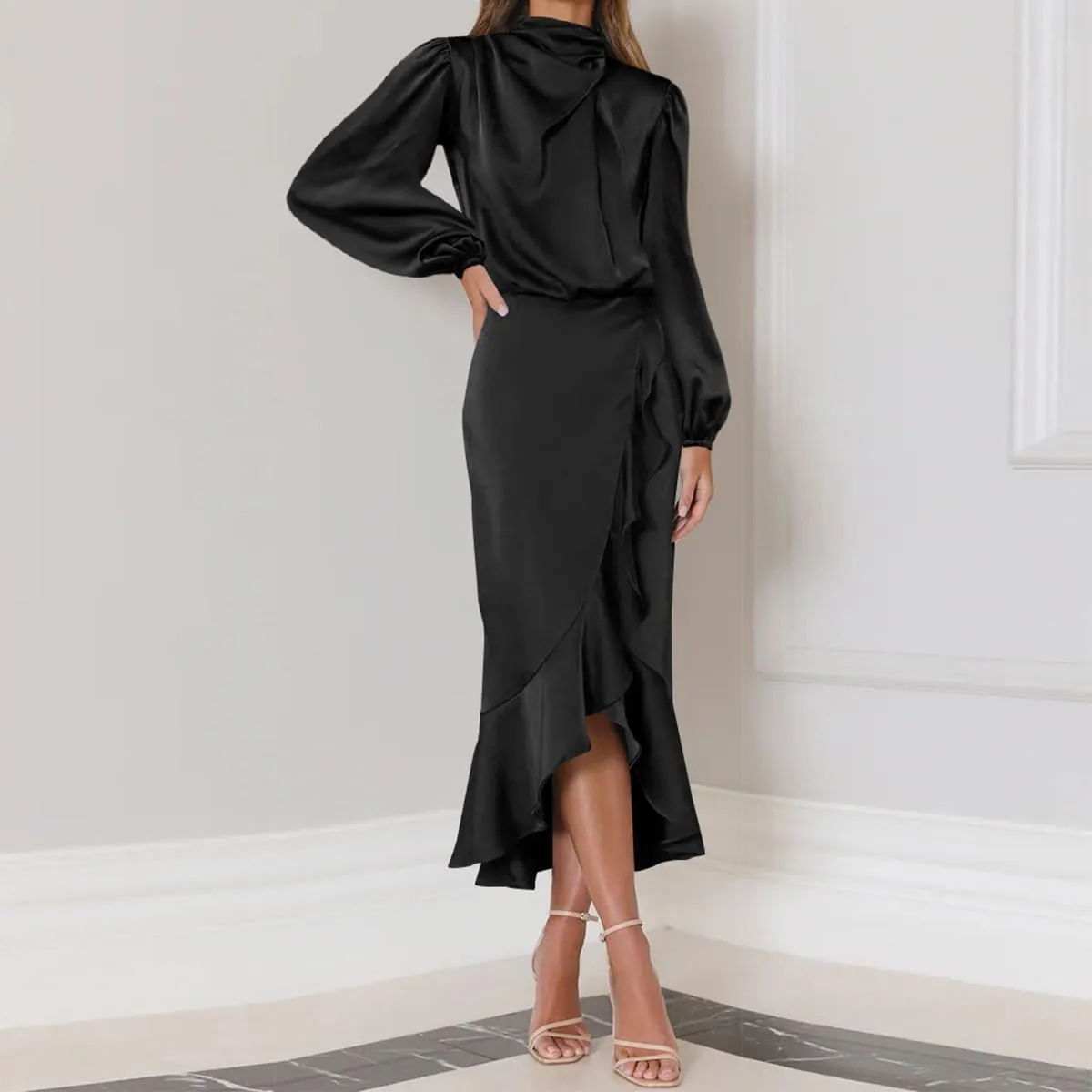 ODIZLI Women Mock Neck Satin Dresses Cocktail Dress Elegant Long Sleeve Ruffle Wrap Fall Dresses