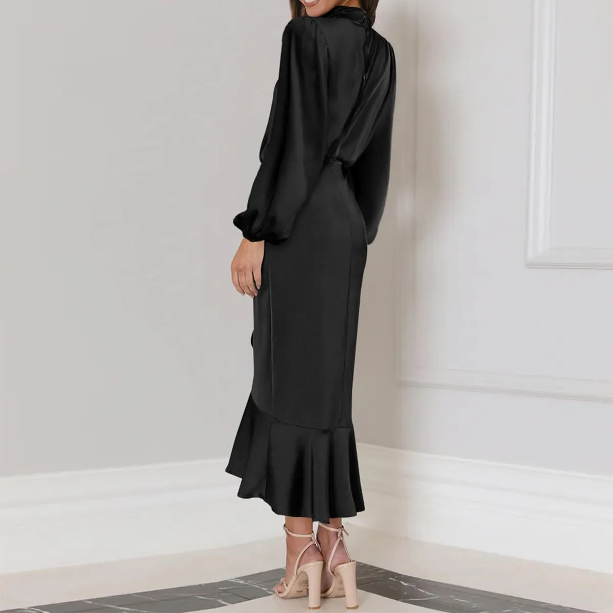 ODIZLI Women Mock Neck Satin Dresses Cocktail Dress Elegant Long Sleeve Ruffle Wrap Fall Dresses
