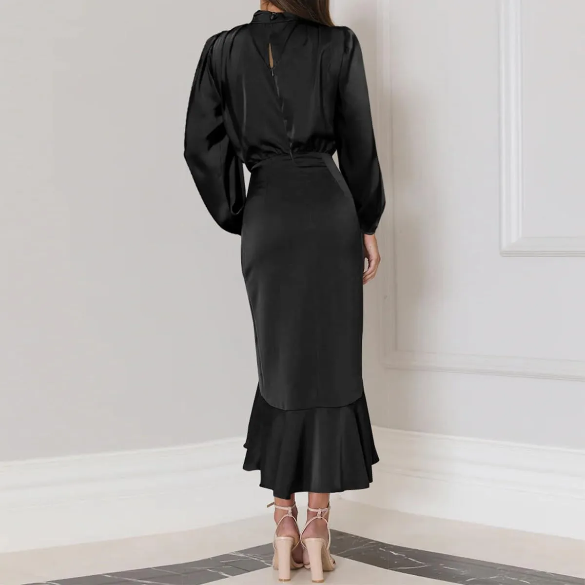 ODIZLI Women Mock Neck Satin Dresses Cocktail Dress Elegant Long Sleeve Ruffle Wrap Fall Dresses