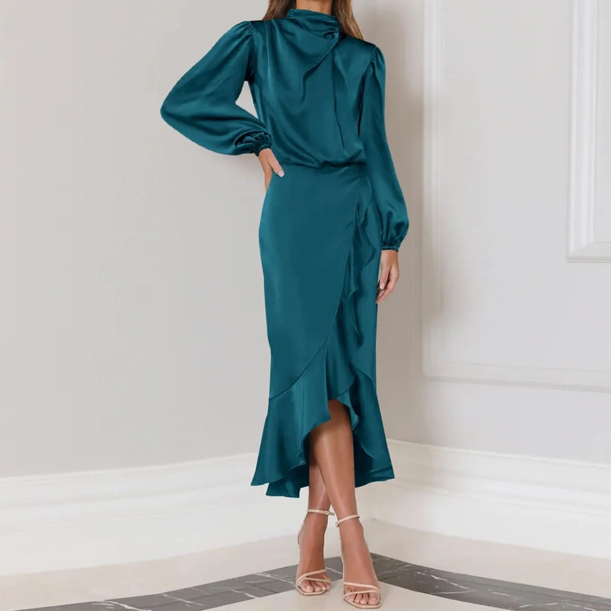ODIZLI Women Mock Neck Satin Dresses Cocktail Dress Elegant Long Sleeve Ruffle Wrap Fall Dresses