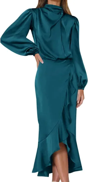 ODIZLI Women Mock Neck Satin Dresses Cocktail Dress Elegant Long Sleeve Ruffle Wrap Fall Dresses