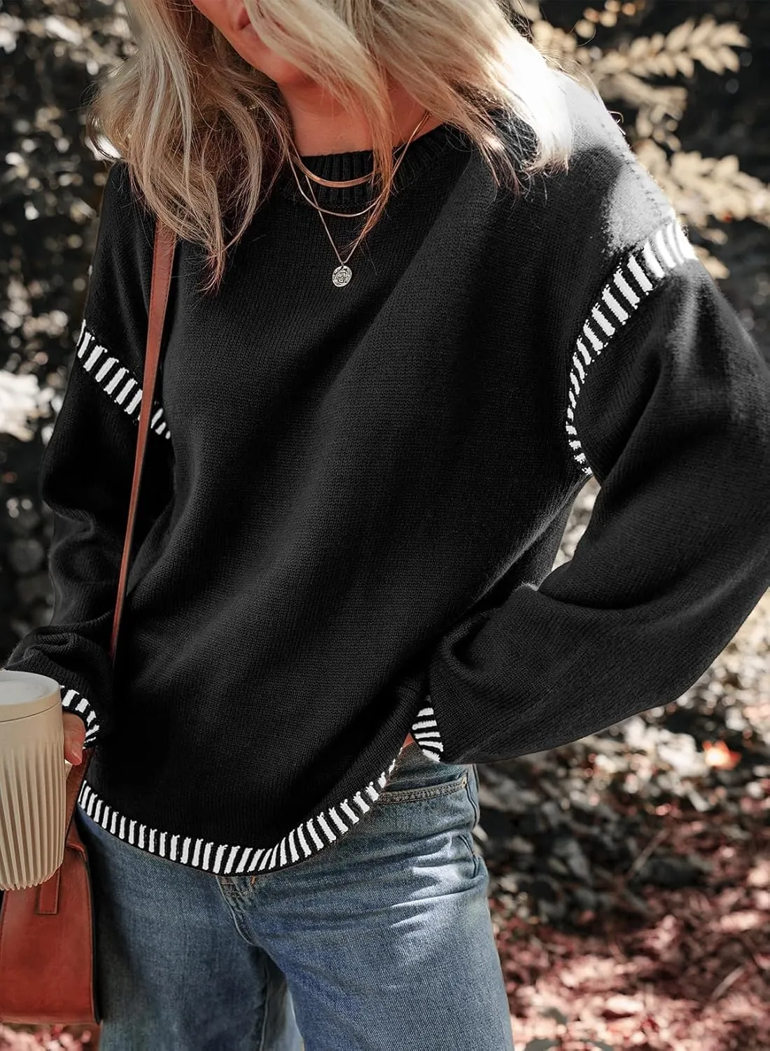 Oversized Knit Sweaters for Women, Contrast Cable Knit Pullover Sweater, Knit Loose Fit Pullover Sweater Tops