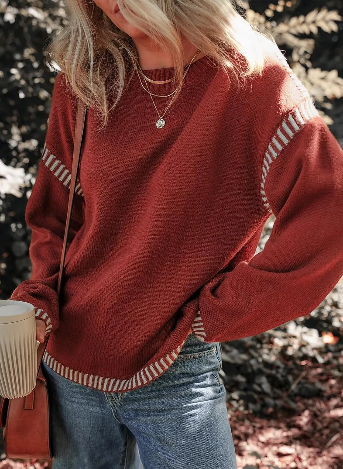 Oversized Knit Sweaters for Women, Contrast Cable Knit Pullover Sweater, Knit Loose Fit Pullover Sweater Tops