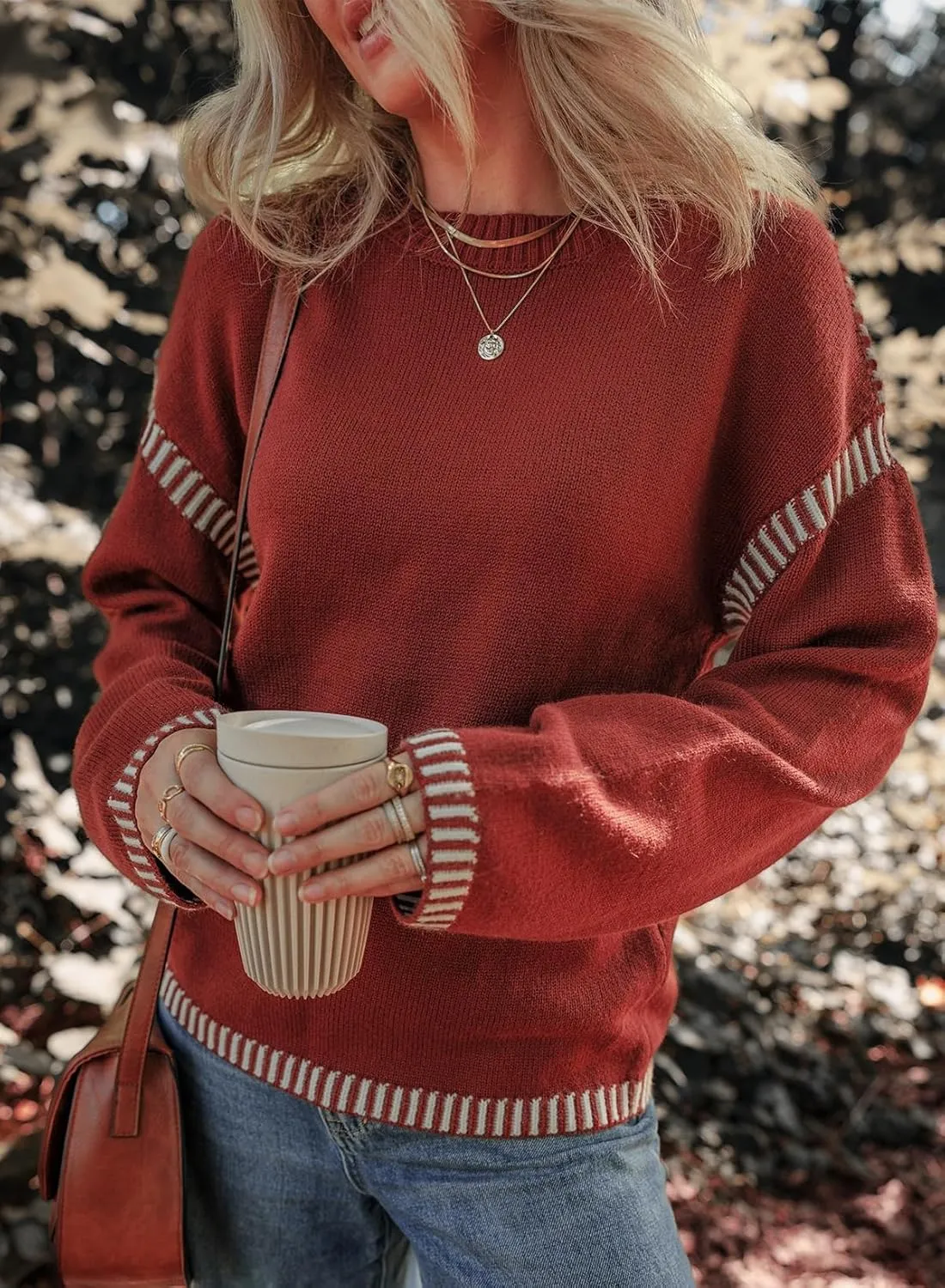 Oversized Knit Sweaters for Women, Contrast Cable Knit Pullover Sweater, Knit Loose Fit Pullover Sweater Tops