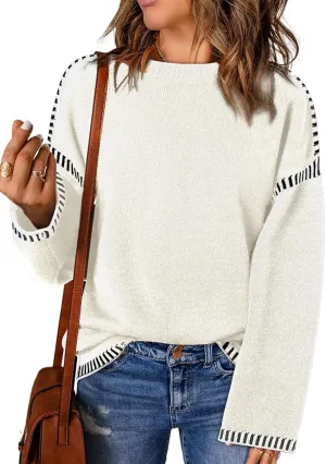 Oversized Knit Sweaters for Women, Contrast Cable Knit Pullover Sweater, Knit Loose Fit Pullover Sweater Tops