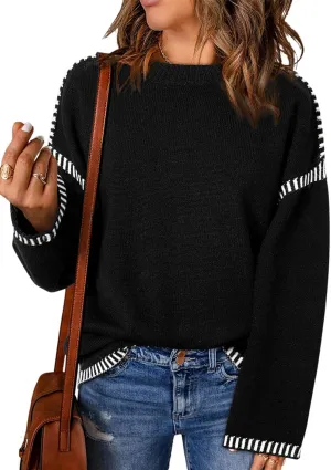 Oversized Knit Sweaters for Women, Contrast Cable Knit Pullover Sweater, Knit Loose Fit Pullover Sweater Tops
