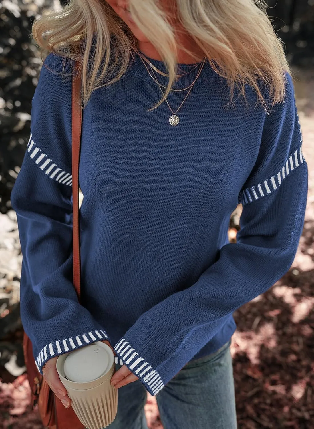 Oversized Knit Sweaters for Women, Contrast Cable Knit Pullover Sweater, Knit Loose Fit Pullover Sweater Tops