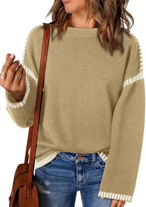 Oversized Knit Sweaters for Women, Contrast Cable Knit Pullover Sweater, Knit Loose Fit Pullover Sweater Tops