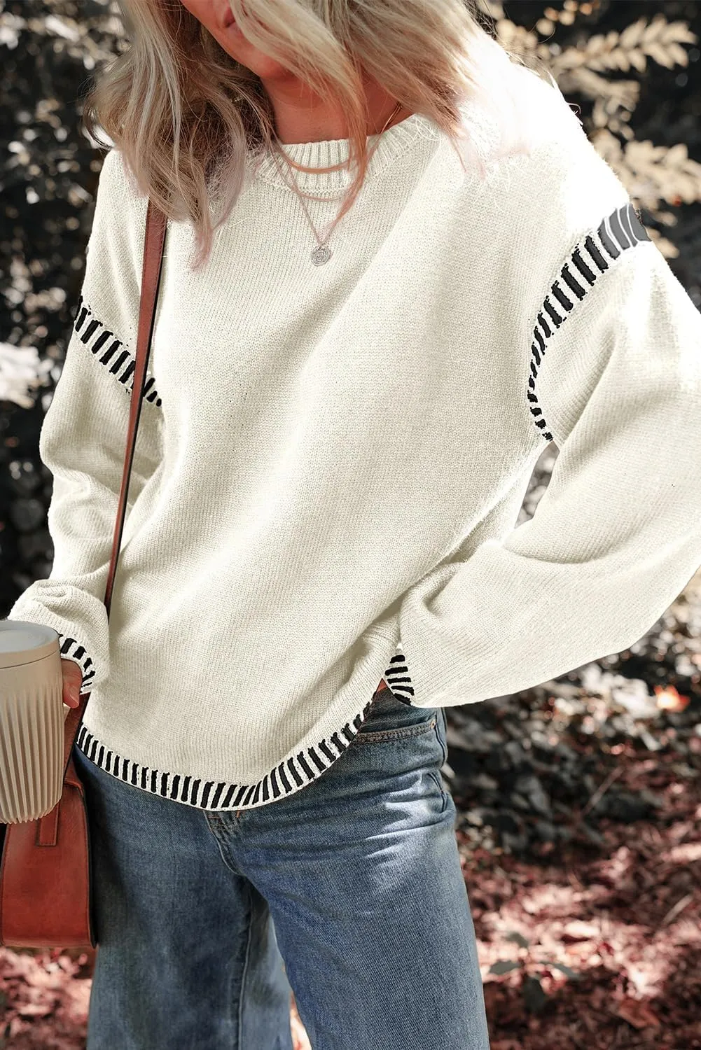 Oversized Knit Sweaters for Women, Contrast Cable Knit Pullover Sweater, Knit Loose Fit Pullover Sweater Tops