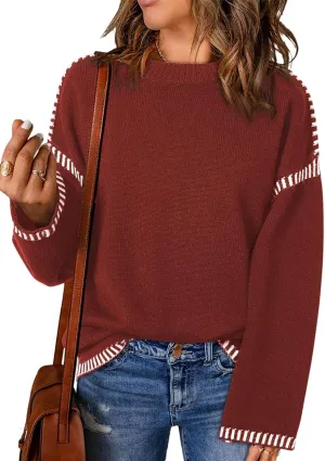 Oversized Knit Sweaters for Women, Contrast Cable Knit Pullover Sweater, Knit Loose Fit Pullover Sweater Tops