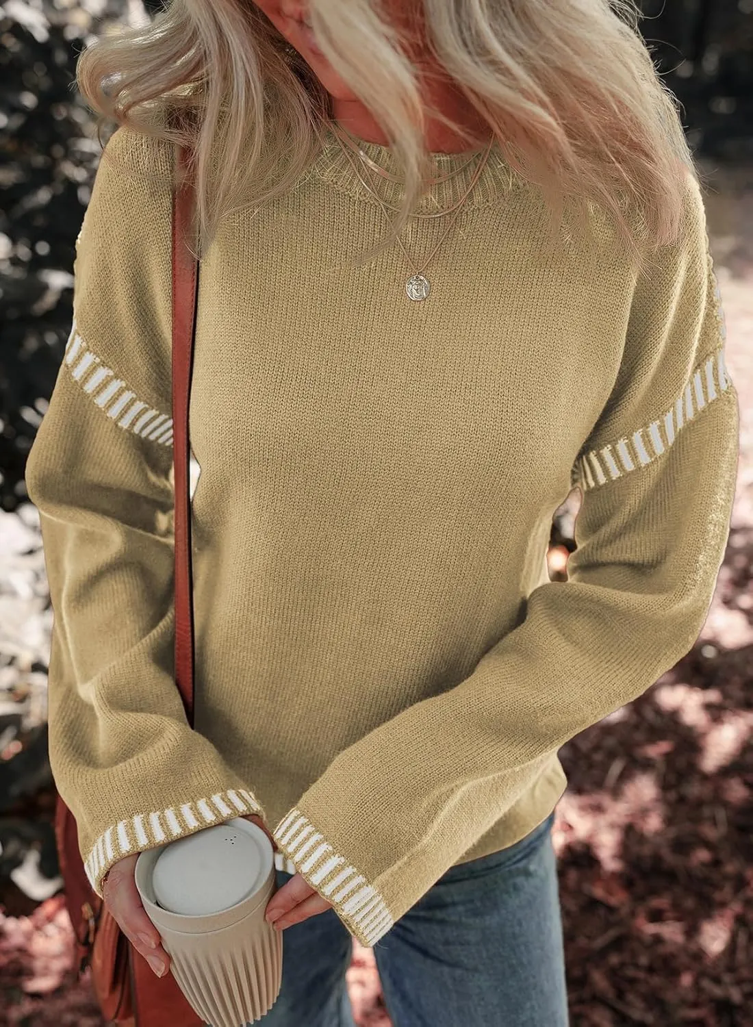 Oversized Knit Sweaters for Women, Contrast Cable Knit Pullover Sweater, Knit Loose Fit Pullover Sweater Tops