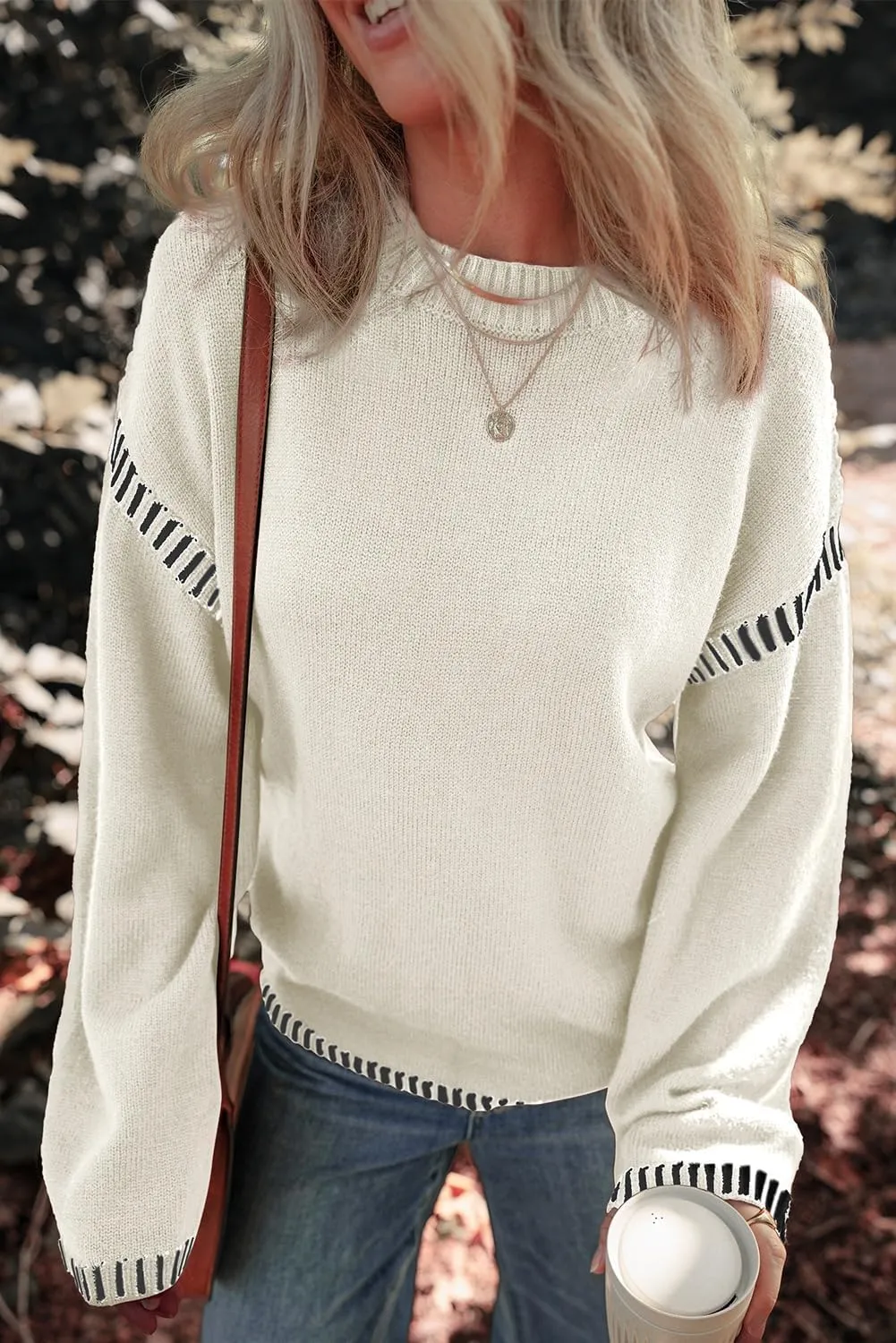 Oversized Knit Sweaters for Women, Contrast Cable Knit Pullover Sweater, Knit Loose Fit Pullover Sweater Tops