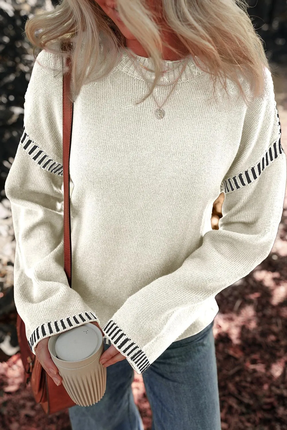 Oversized Knit Sweaters for Women, Contrast Cable Knit Pullover Sweater, Knit Loose Fit Pullover Sweater Tops