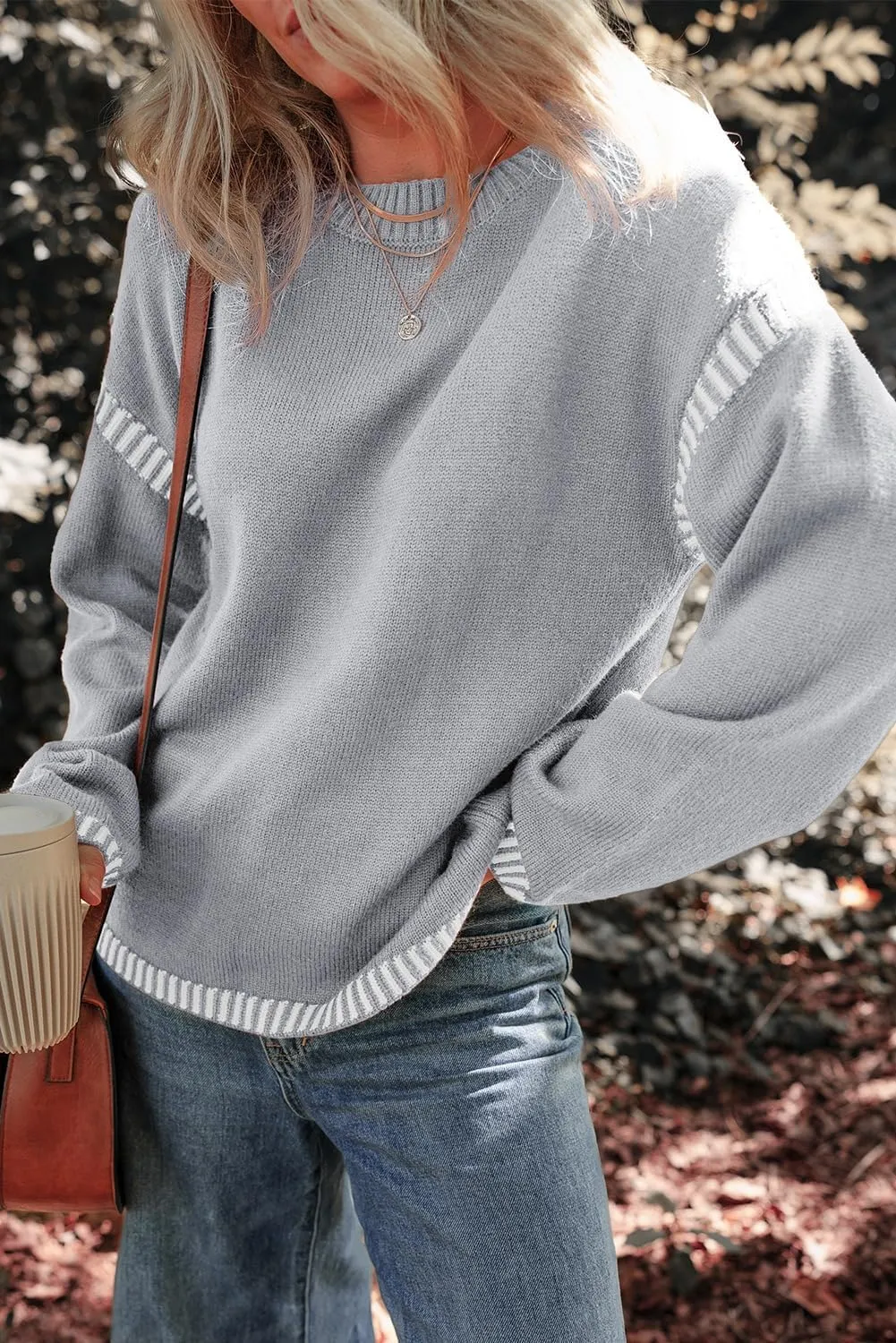 Oversized Knit Sweaters for Women, Contrast Cable Knit Pullover Sweater, Knit Loose Fit Pullover Sweater Tops
