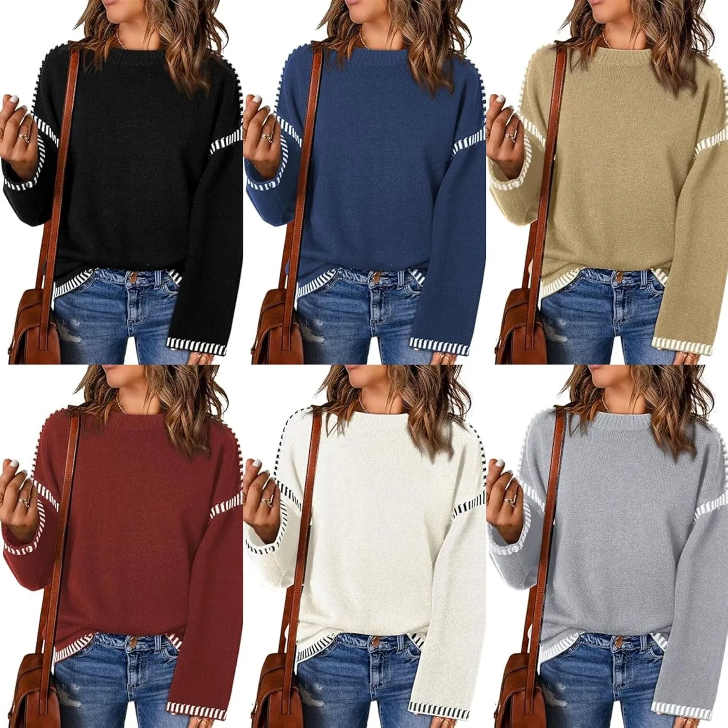 Oversized Knit Sweaters for Women, Contrast Cable Knit Pullover Sweater, Knit Loose Fit Pullover Sweater Tops