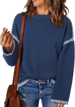 Oversized Knit Sweaters for Women, Contrast Cable Knit Pullover Sweater, Knit Loose Fit Pullover Sweater Tops