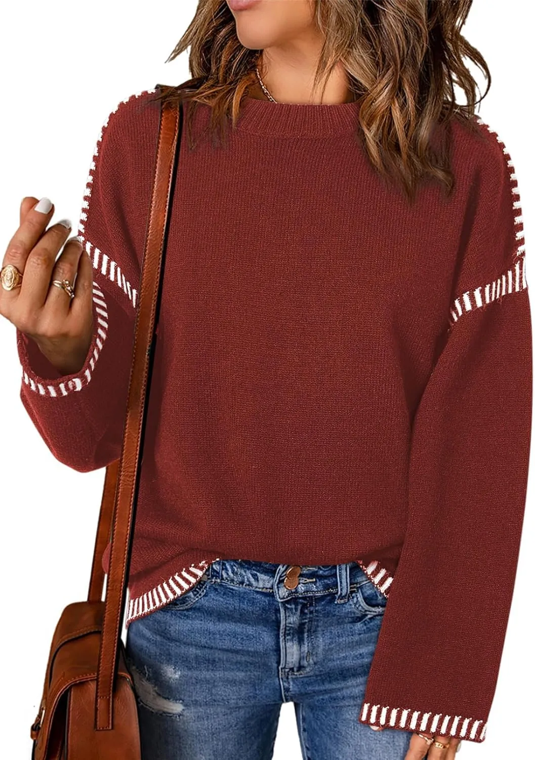 Oversized Knit Sweaters for Women, Contrast Cable Knit Pullover Sweater, Knit Loose Fit Pullover Sweater Tops