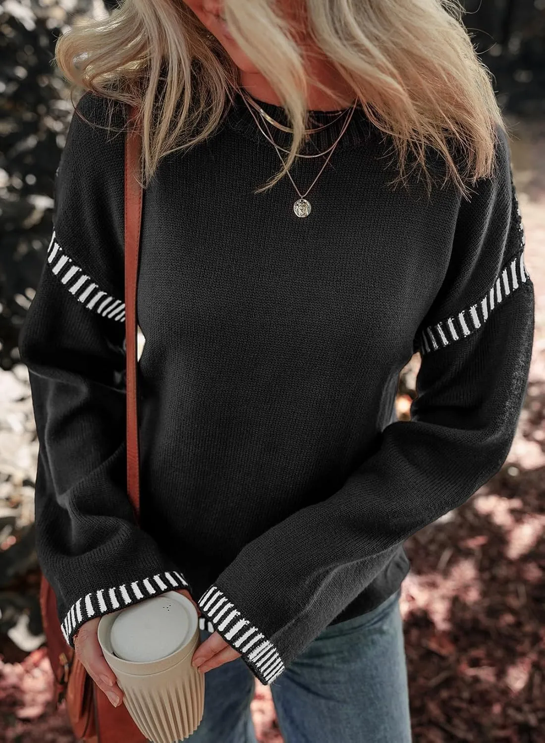 Oversized Knit Sweaters for Women, Contrast Cable Knit Pullover Sweater, Knit Loose Fit Pullover Sweater Tops