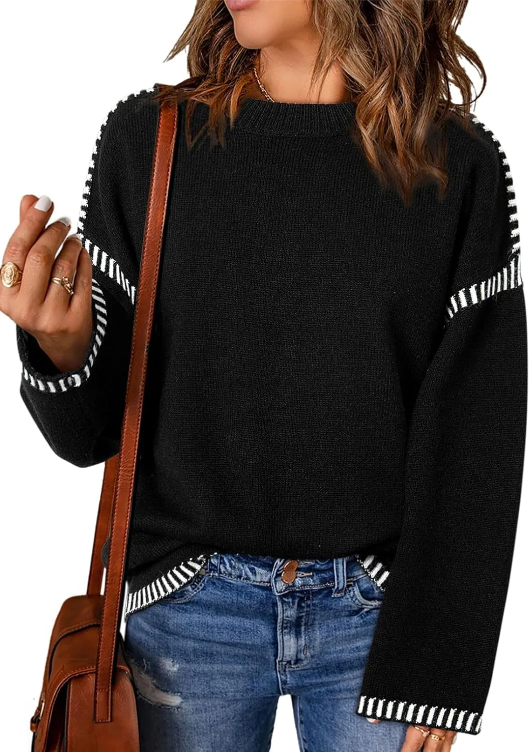 Oversized Knit Sweaters for Women, Contrast Cable Knit Pullover Sweater, Knit Loose Fit Pullover Sweater Tops