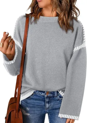 Oversized Knit Sweaters for Women, Contrast Cable Knit Pullover Sweater, Knit Loose Fit Pullover Sweater Tops