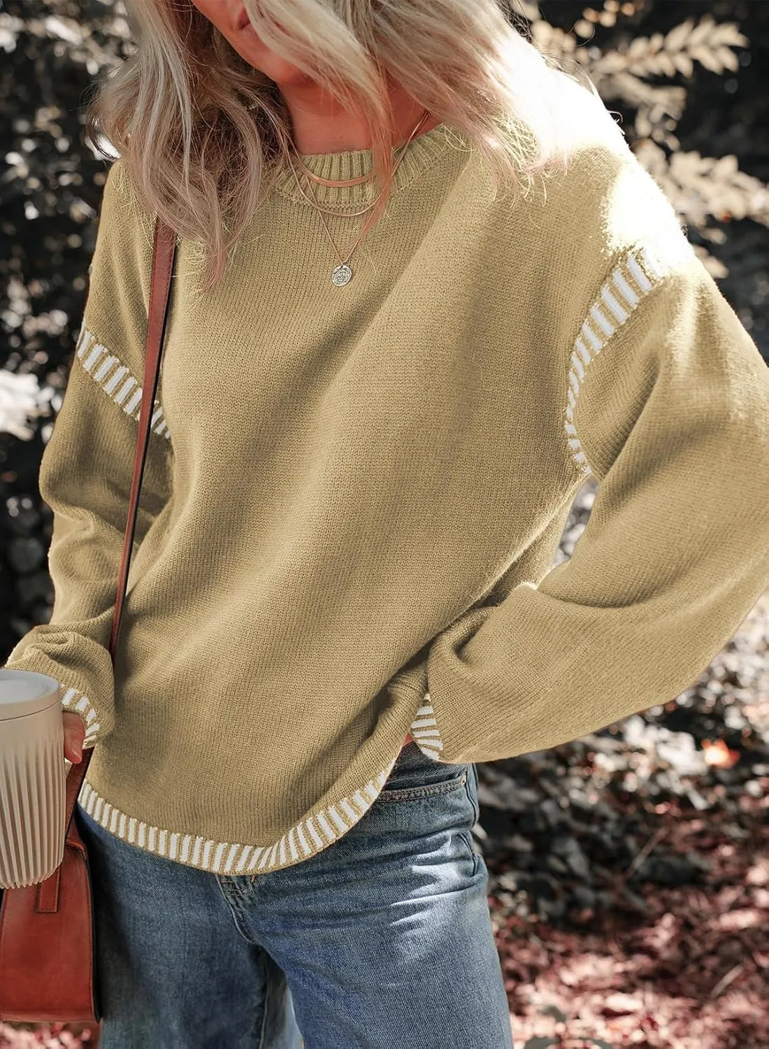 Oversized Knit Sweaters for Women, Contrast Cable Knit Pullover Sweater, Knit Loose Fit Pullover Sweater Tops