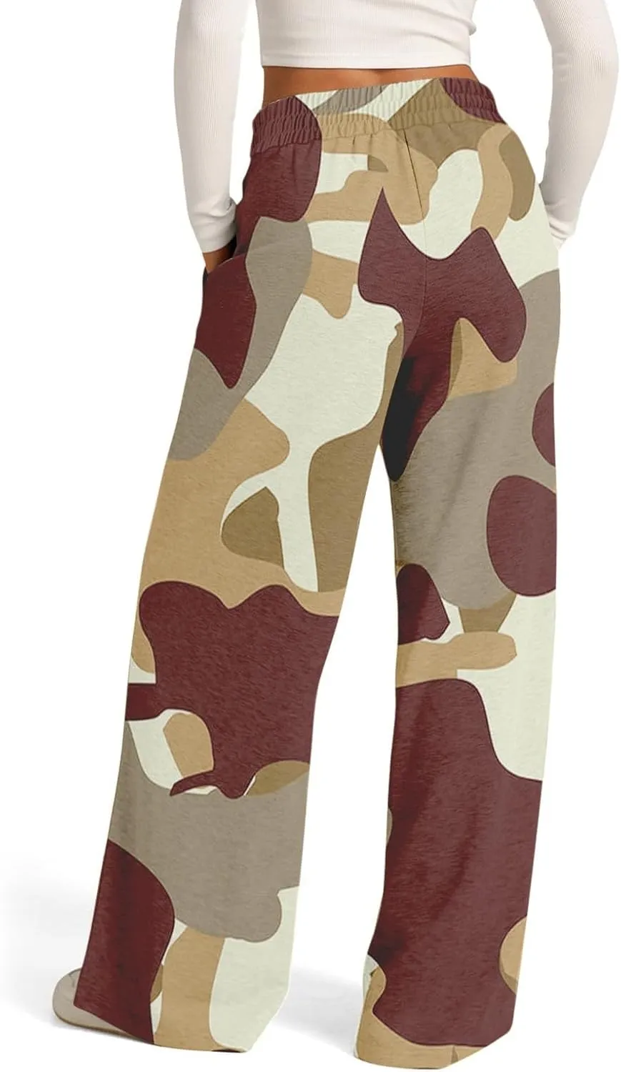 Oversized Wide Leg Sweatpants Women Low Rise Camo Sweatpants Drawstring Flare Sweatpants Baggy Lounge Pants w/Pockets