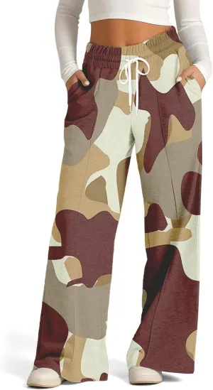 Oversized Wide Leg Sweatpants Women Low Rise Camo Sweatpants Drawstring Flare Sweatpants Baggy Lounge Pants w/Pockets