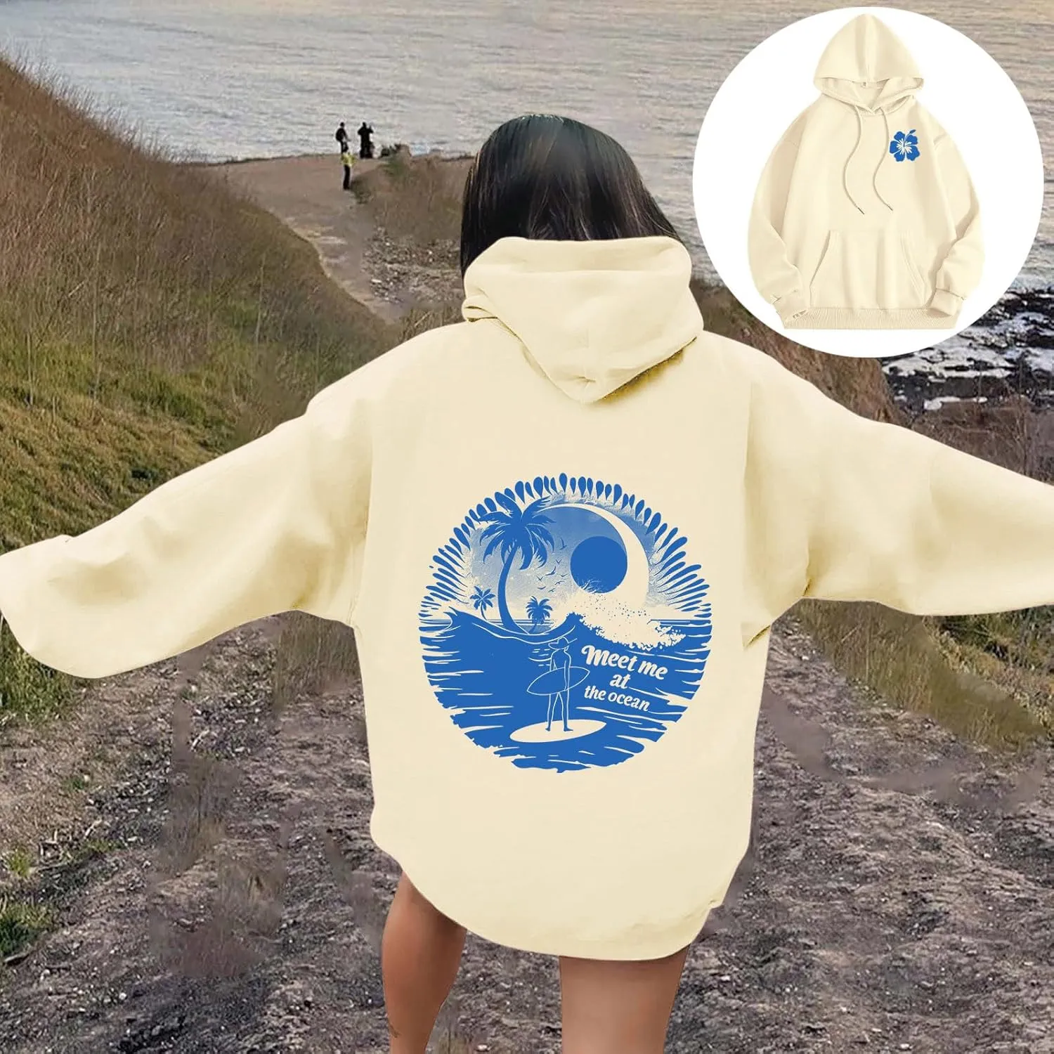 Palm Puff Hoodies Meet Me at The Ocean Graphic Hoodie For Women Long Sleeve Preppy Sweatshirts Oversized Pullover