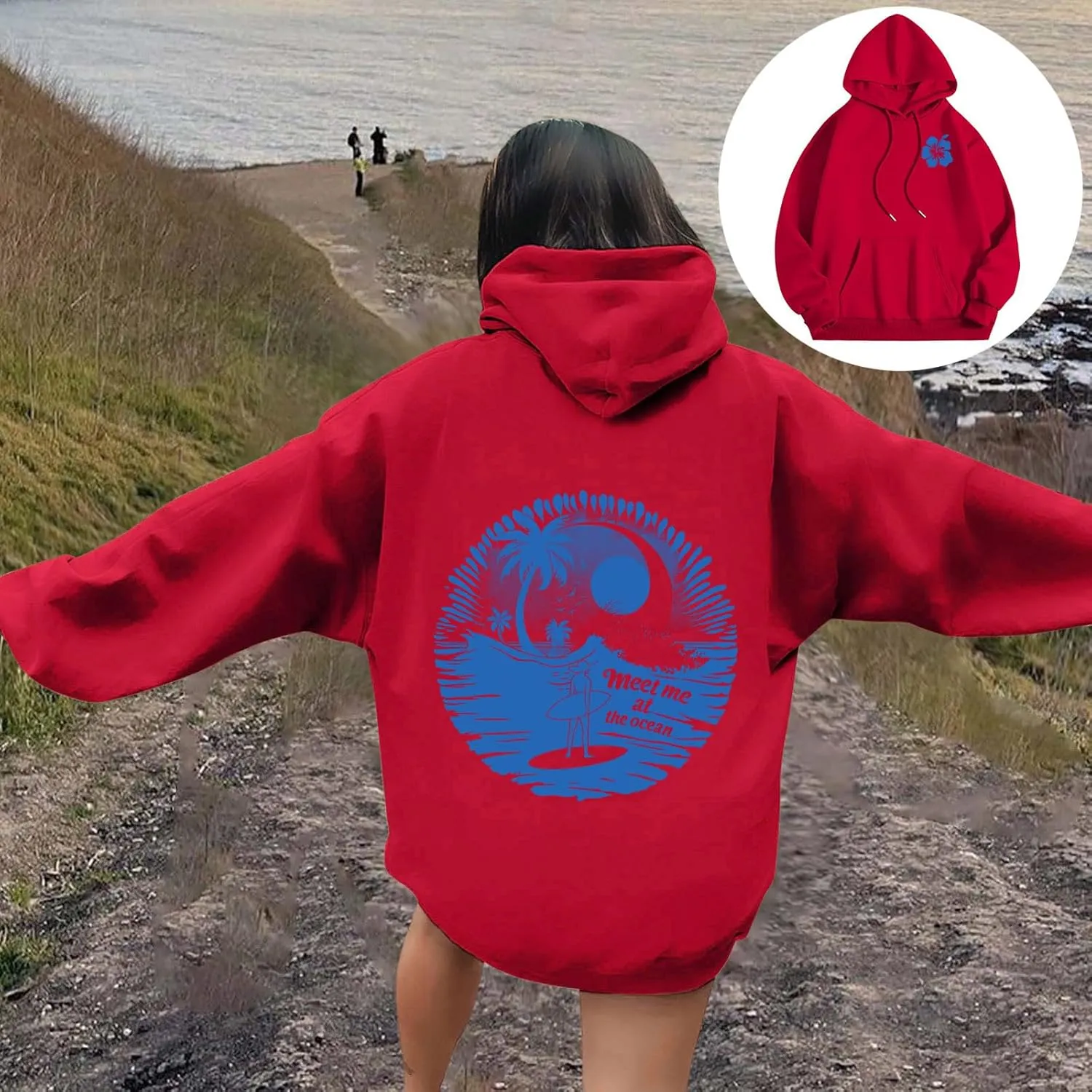 Palm Puff Hoodies Meet Me at The Ocean Graphic Hoodie For Women Long Sleeve Preppy Sweatshirts Oversized Pullover