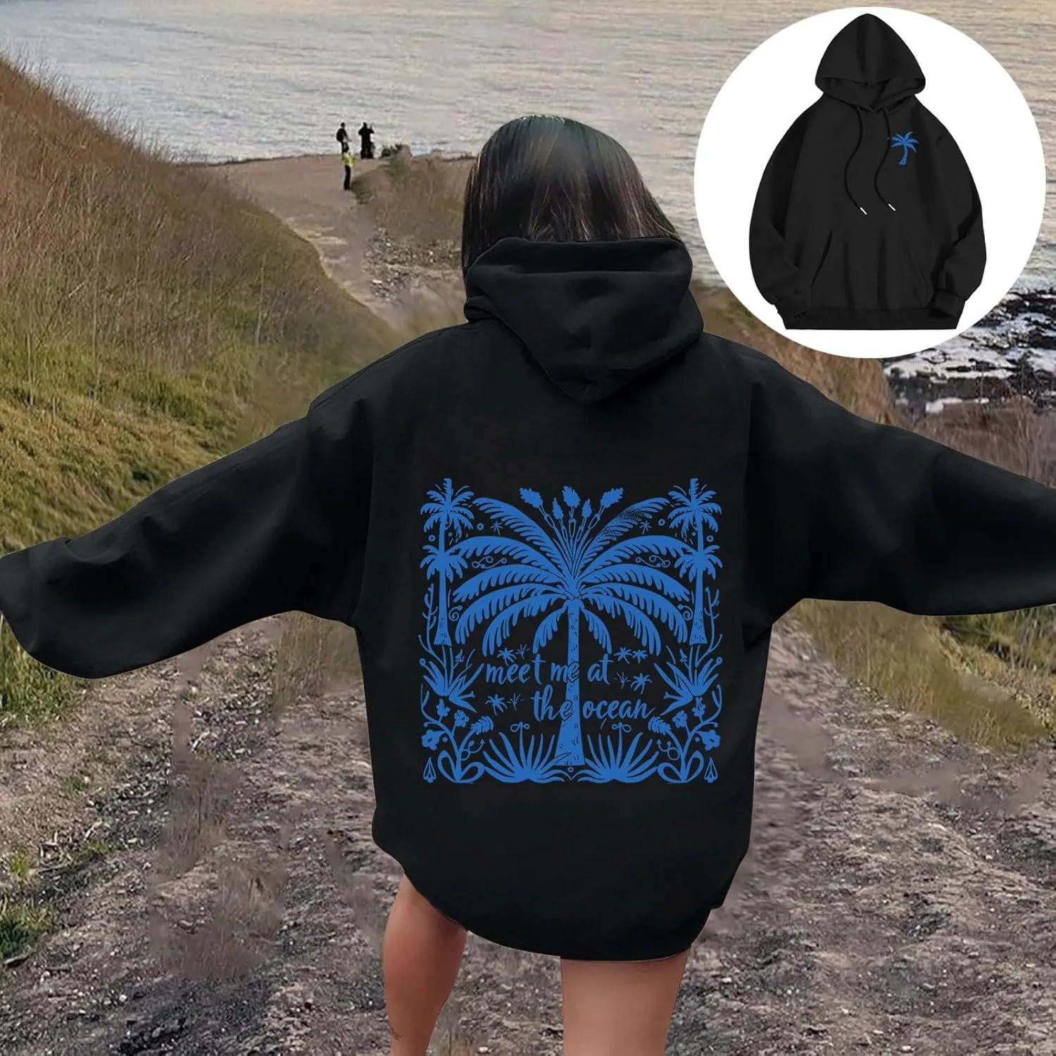 Palm Puff Hoodies Meet Me at The Ocean Graphic Hoodie For Women Long Sleeve Preppy Sweatshirts Oversized Pullover