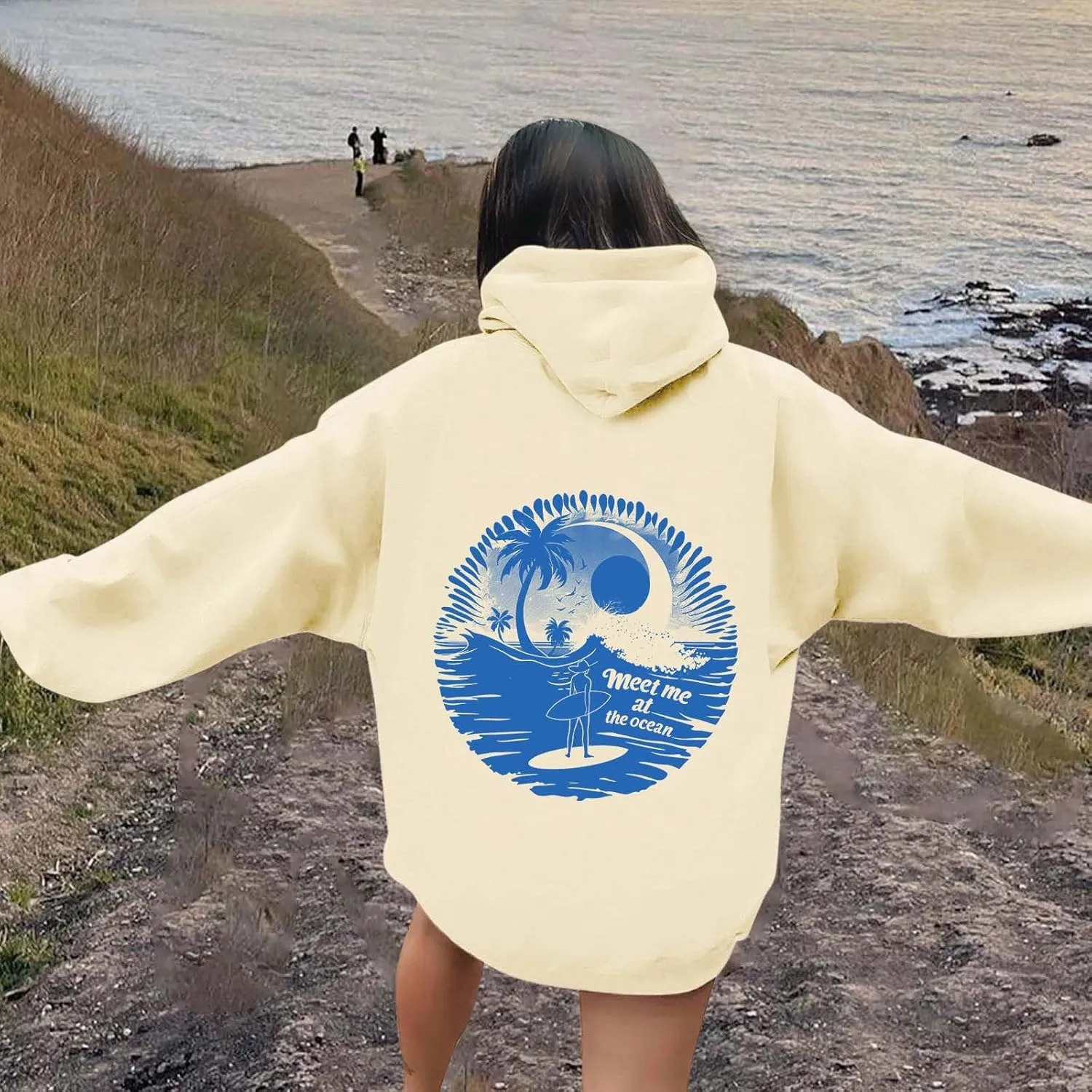 Palm Puff Hoodies Meet Me at The Ocean Graphic Hoodie For Women Long Sleeve Preppy Sweatshirts Oversized Pullover