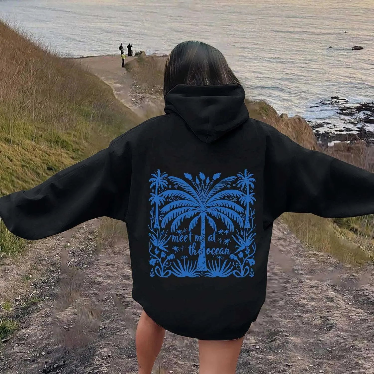 Palm Puff Hoodies Meet Me at The Ocean Graphic Hoodie For Women Long Sleeve Preppy Sweatshirts Oversized Pullover