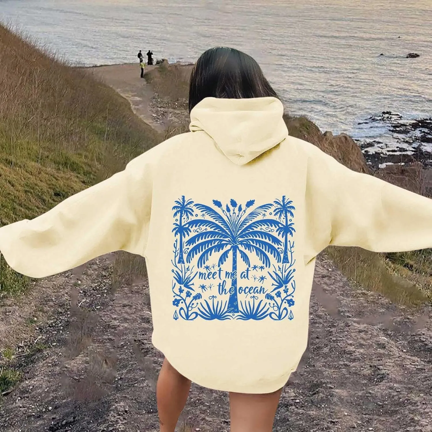 Palm Puff Hoodies Meet Me at The Ocean Graphic Hoodie For Women Long Sleeve Preppy Sweatshirts Oversized Pullover