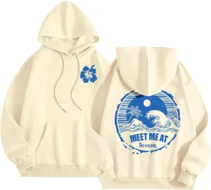 Palm Puff Hoodies Meet Me at The Ocean Graphic Hoodie For Women Long Sleeve Preppy Sweatshirts Oversized Pullover