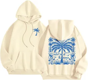 Palm Puff Hoodies Meet Me at The Ocean Graphic Hoodie For Women Long Sleeve Preppy Sweatshirts Oversized Pullover