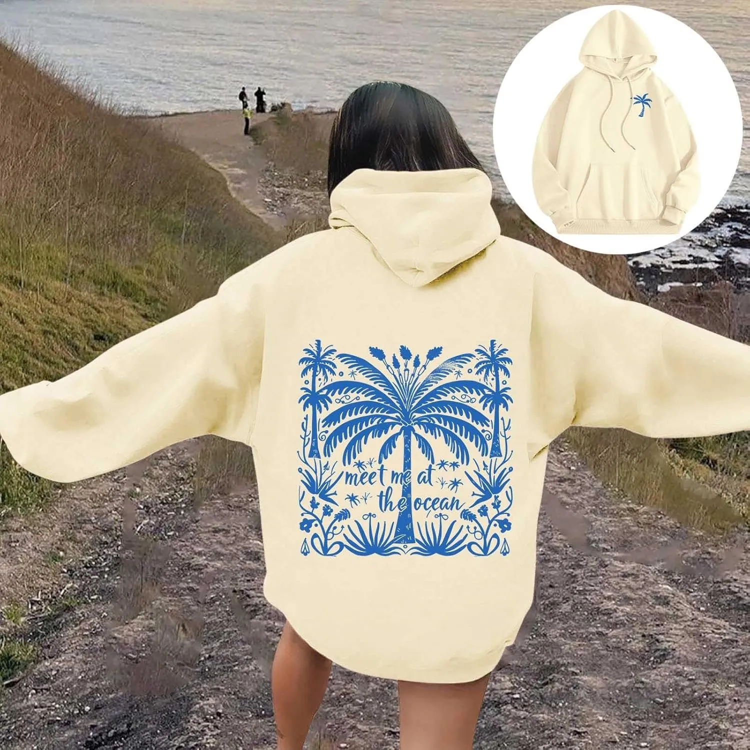 Palm Puff Hoodies Meet Me at The Ocean Graphic Hoodie For Women Long Sleeve Preppy Sweatshirts Oversized Pullover