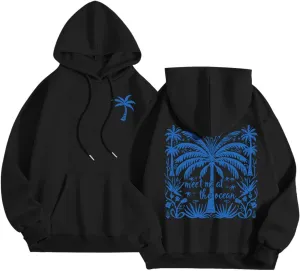 Palm Puff Hoodies Meet Me at The Ocean Graphic Hoodie For Women Long Sleeve Preppy Sweatshirts Oversized Pullover