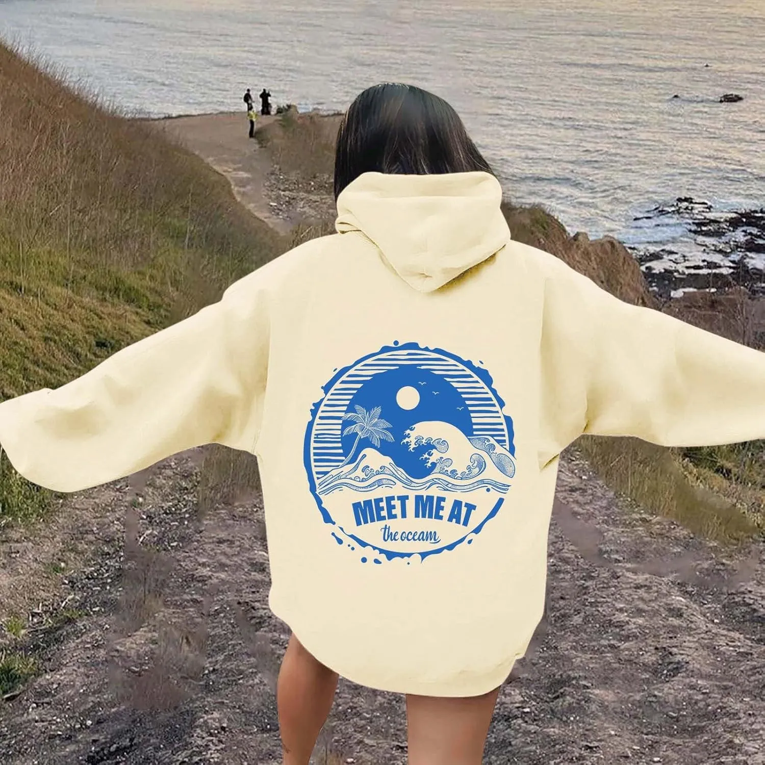 Palm Puff Hoodies Meet Me at The Ocean Graphic Hoodie For Women Long Sleeve Preppy Sweatshirts Oversized Pullover