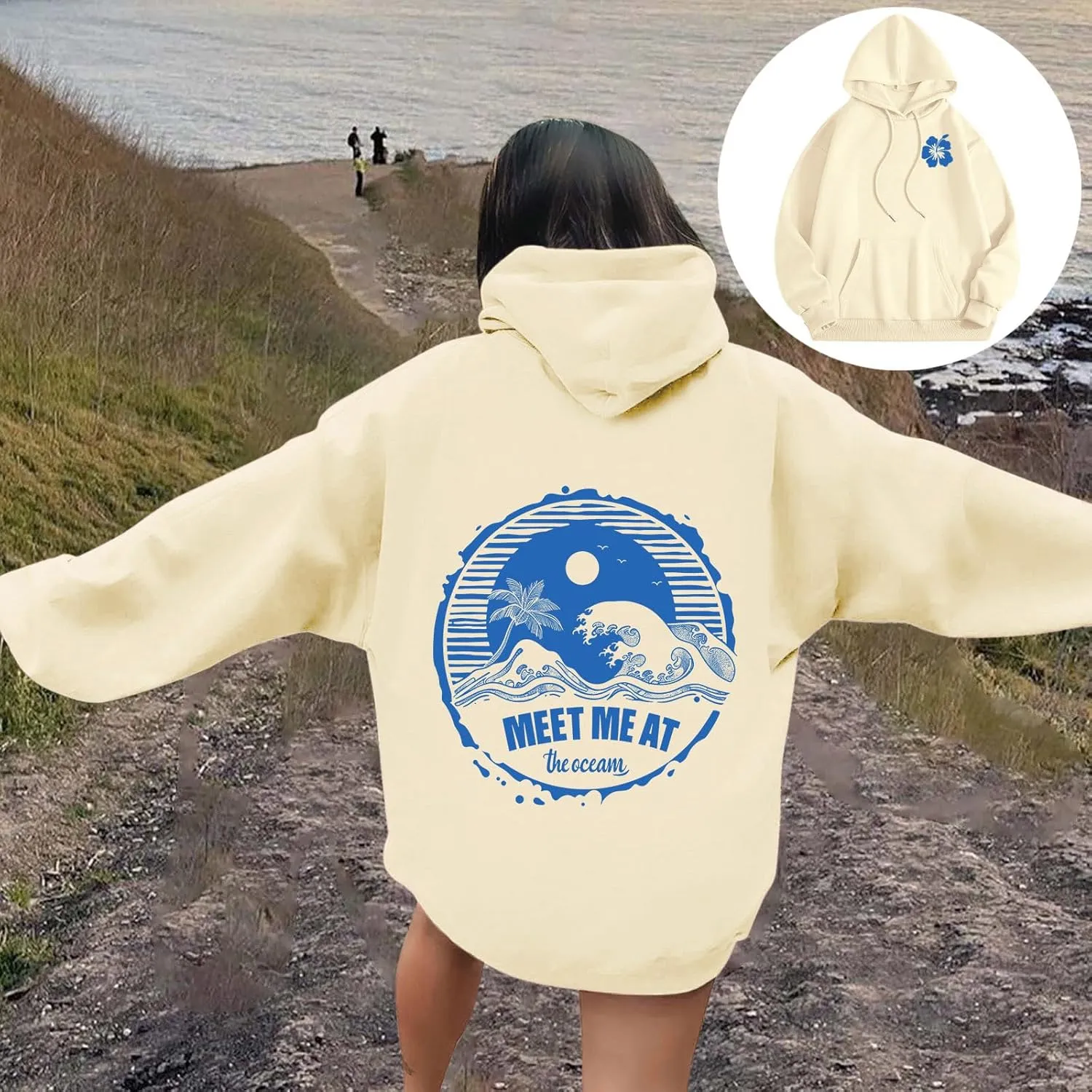 Palm Puff Hoodies Meet Me at The Ocean Graphic Hoodie For Women Long Sleeve Preppy Sweatshirts Oversized Pullover