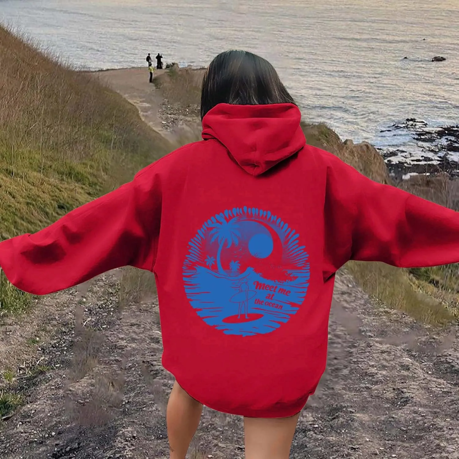 Palm Puff Hoodies Meet Me at The Ocean Graphic Hoodie For Women Long Sleeve Preppy Sweatshirts Oversized Pullover