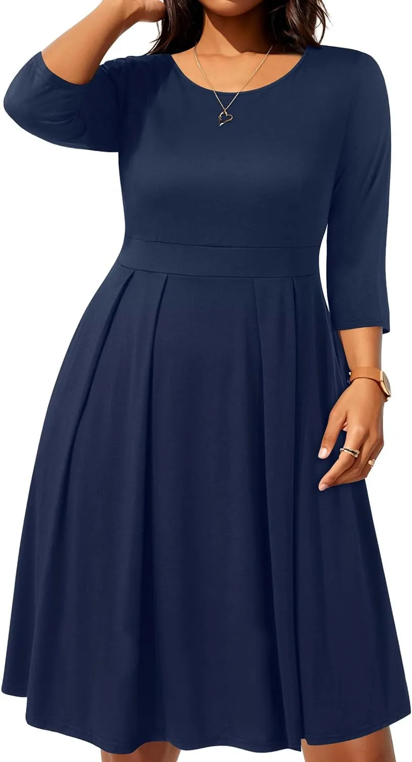 Pinup Fashion Plus Size Work Dresses - Fall Church Office Semi Formal Fit and Flare Midi Dress with Pockets