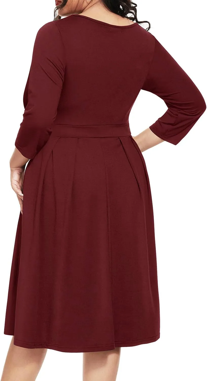 Pinup Fashion Plus Size Work Dresses - Fall Church Office Semi Formal Fit and Flare Midi Dress with Pockets